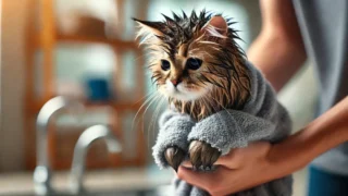 濡れた毛をタオルで拭いてもらっている猫