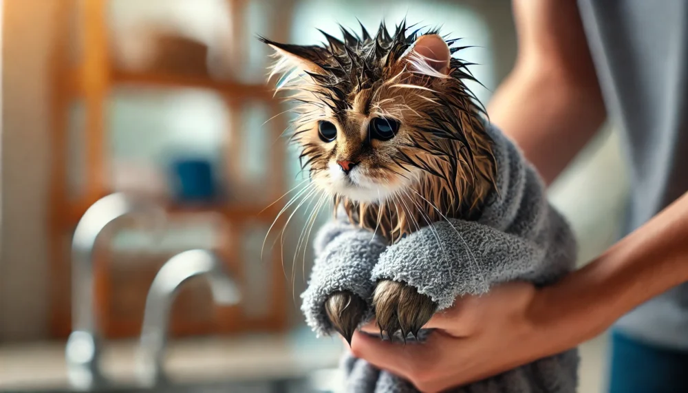 濡れた毛をタオルで拭いてもらっている猫