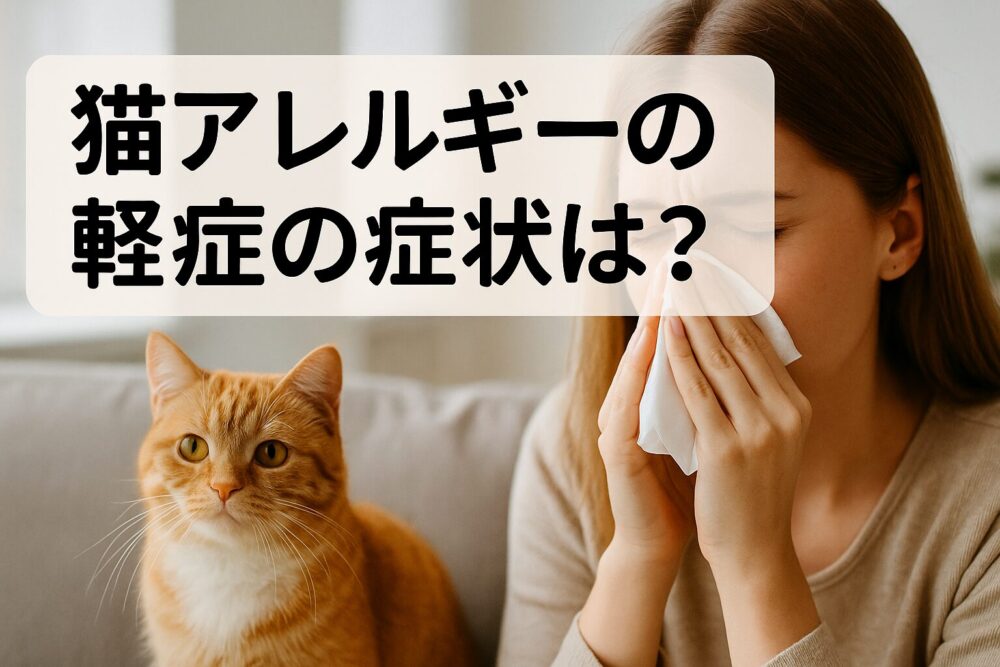 猫の横に座って鼻をかんでいる女性