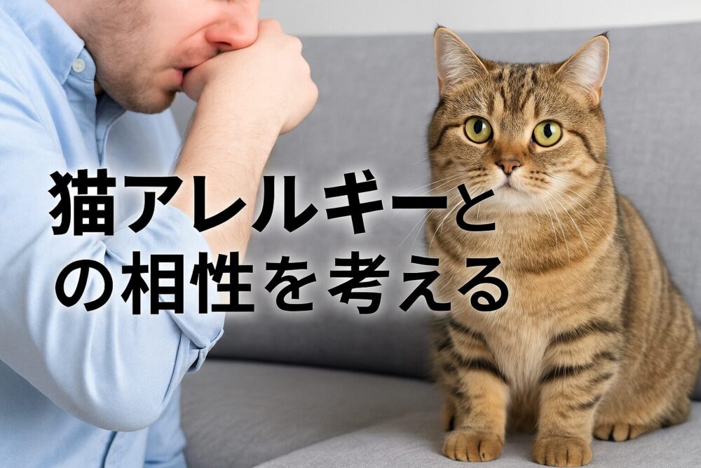 猫アレルギーの人が猫に近づいて、鼻を押さえている