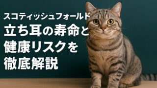 縞柄の立ち耳のスコティッシュフォールドがおとなしく座っている
